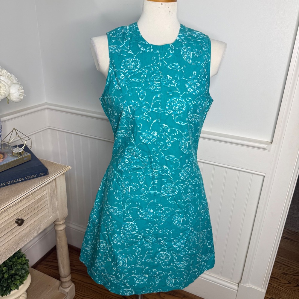 Julia Amory Baby Jane Turquoise Floral Block Print Sleeveless Shift Dress M
